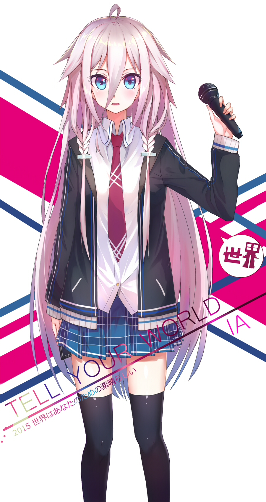 bad_id bad_pixiv_id black_legwear blue_eyes blue_skirt blush echj eyebrows_visible_through_hair highres holding holding_microphone ia_(vocaloid) long_hair looking_at_viewer microphone necktie parted_lips pink_hair red_neckwear skirt solo thighhighs vocaloid