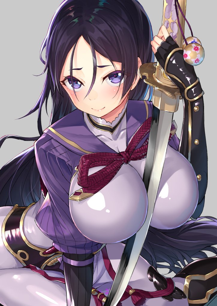 armor bangs between_breasts blush bodysuit breasts closed_mouth eyes_visible_through_hair fate/grand_order fate_(series) fingerless_gloves gloves hakuishi_aoi holding holding_sword holding_weapon japanese_armor katana kote kurokote large_breasts long_hair looking_at_viewer looking_back minamoto_no_raikou_(fate/grand_order) parted_bangs purple_eyes purple_hair shiny shiny_clothes simple_background smile solo sword unsheathed very_long_hair weapon