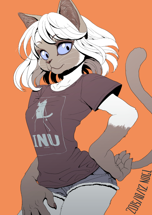 2015 5_fingers :3 anthro arched_back bangs black_claws black_shirt blue_eyes booty_shorts breasts brown_countershading brown_fur brown_markings brown_nose brown_tail canine cat cheek_tuft claws clothed clothing collarbone colored_eyelashes countershade_face countershading denim digital_media_(artwork) dog eyebrows eyebrows_visible_through_hair eyelashes eyes_visible_through_hair feline female front_view fully_clothed fur gloves_(marking) hair hand_on_hip inner_ear_fluff kemono looking_down mammal markings medium_breasts mouth_closed multicolored_fur nogi orange_background pockets portrait raised_tail sharp_claws shirt short_hair short_sleeves shorts siamese signature simple_background skinny_tail solo standing t-shirt three-quarter_portrait tuft two_tone_fur whiskers white_fur white_hair