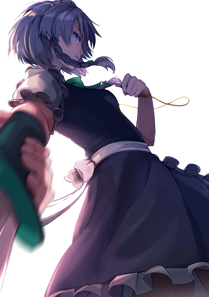 apron blue_dress blue_eyes blurry bow braid breasts commentary cowboy_shot depth_of_field dress foreshortening frilled_apron frills from_side green_bow green_neckwear hair_bow highres holding holding_knife hsin izayoi_sakuya knife looking_at_viewer maid maid_apron maid_headdress medium_breasts parted_lips petticoat pocket_watch profile puffy_short_sleeves puffy_sleeves short_hair short_hair_with_long_locks short_sleeves side_braid silver_hair simple_background smile solo standing touhou twin_braids waist_apron watch white_apron white_background