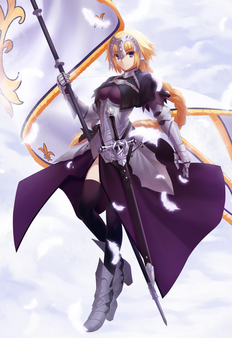 armor armored_boots armored_dress bangs banner black_legwear black_ribbon blonde_hair blue_eyes boots braid breasts capelet chain closed_mouth cloud cloudy_sky day dress eyebrows_visible_through_hair falling_feathers fate/apocrypha fate_(series) faulds full_body gauntlets hair_ribbon headpiece holding jeanne_d'arc_(fate) jeanne_d'arc_(fate)_(all) langlang long_dress long_hair looking_at_viewer looking_to_the_side medium_breasts outdoors plackart purple_dress ribbon scabbard sheath sheathed single_braid sky smile solo standing sword thighhighs very_long_hair weapon white_feathers wind