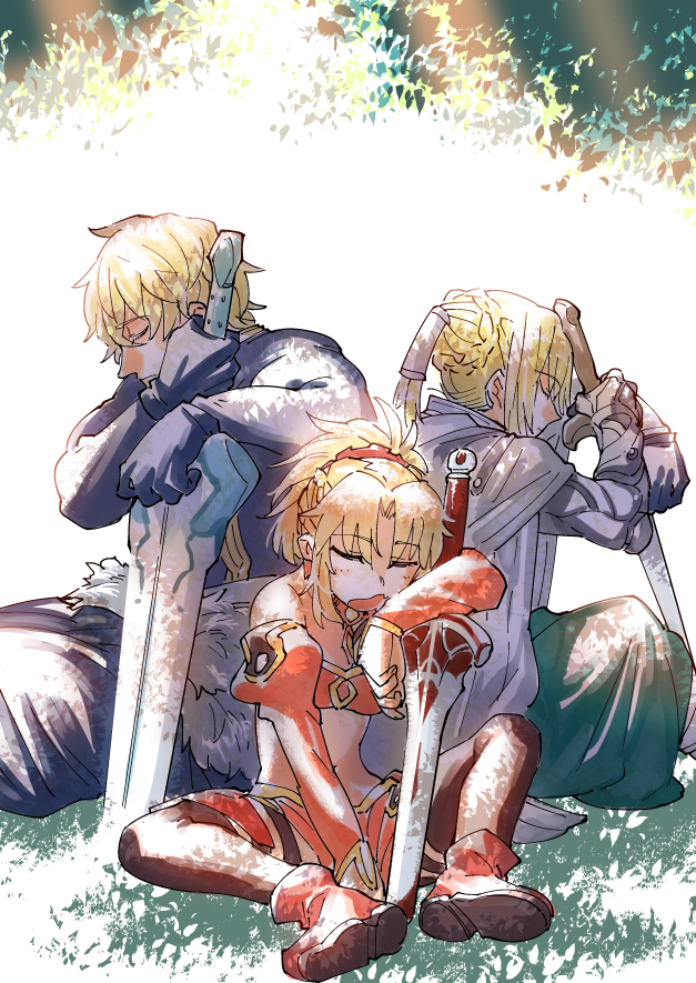 2boys bare_shoulders bedivere black_legwear blonde_hair blush boots braid cape clarent closed_eyes detached_sleeves fate/apocrypha fate/extra fate/grand_order fate_(series) french_braid gawain_(fate/extra) hair_ornament hair_scrunchie holding holding_sword holding_weapon leaning_on_object long_hair mordred_(fate) mordred_(fate)_(all) multiple_boys navel open_mouth outdoors planted_sword planted_weapon ponytail red_scrunchie scrunchie short_hair sidelocks sitting_on_ground sleeping sword thighhighs tsuru_(clainman) weapon white_cape
