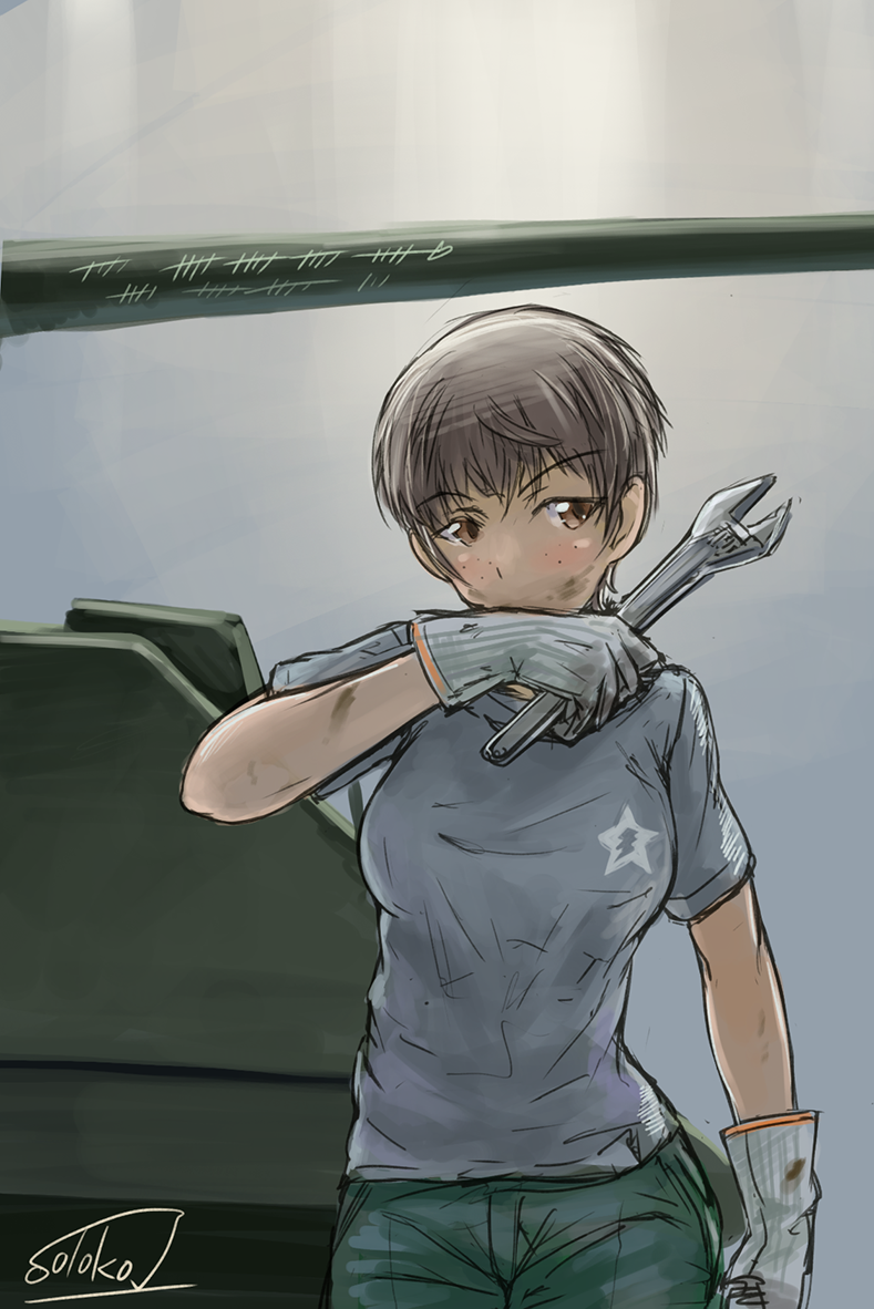 artist_name bangs black_pants brown_eyes brown_hair dirty_clothes dirty_face emblem freckles girls_und_panzer gloves grey_gloves grey_shirt ground_vehicle holding looking_at_viewer military military_vehicle motor_vehicle naomi_(girls_und_panzer) pants shirt short_hair short_sleeves signature sketch solo solokov_(okb-999) standing star t-shirt tank upper_body very_short_hair wrench