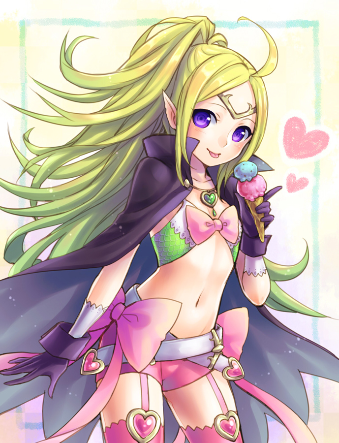 :q black_gloves breasts cape cleavage collarbone cowboy_shot fire_emblem fire_emblem:_kakusei food garter_straps gloves green_hair heart high_ponytail ice_cream long_hair mamkute midriff navel nono_(fire_emblem) pink_legwear pink_shorts pointy_ears poshii_(posy) purple_eyes short_shorts shorts sideboob small_breasts solo standing stomach thighhighs tongue tongue_out very_long_hair
