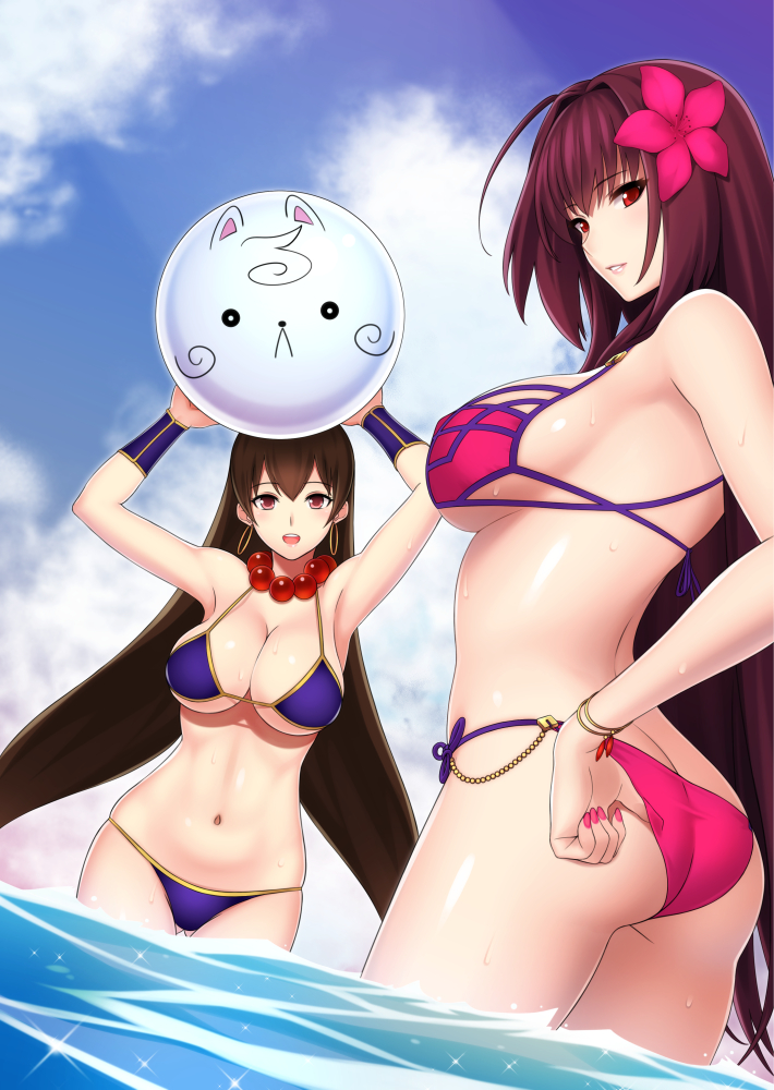 adjusting_clothes adjusting_swimsuit arms_up ass ass_visible_through_thighs ball beachball bikini blue_sky breasts brown_hair cleavage cloud day dutch_angle earrings fate/grand_order fate_(series) flower fou_(fate/grand_order) from_behind hair_flower hair_ornament hibiscus hoop_earrings jewelry large_breasts lintanghaseo long_hair looking_at_viewer looking_back multiple_girls nail_polish navel necklace outdoors purple_hair red_eyes scathach_(fate)_(all) scathach_(swimsuit_assassin)_(fate) sideboob sky string_bikini swimsuit wading wet xuanzang_(fate/grand_order)