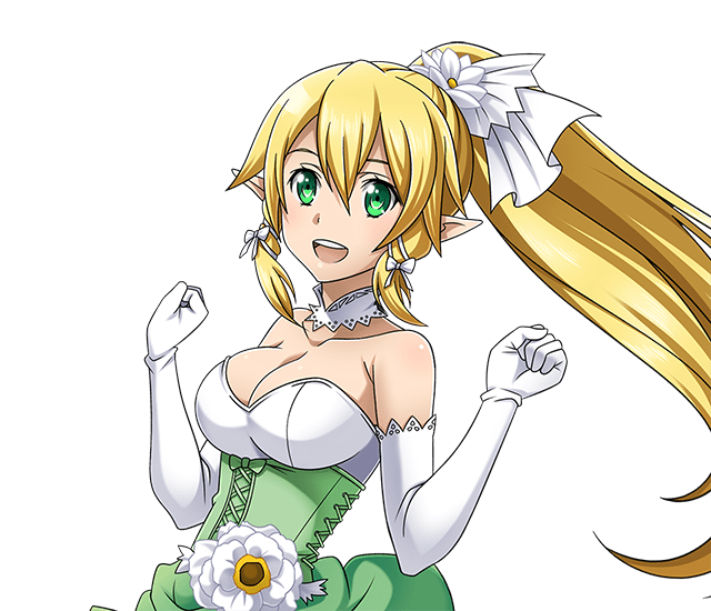 :d blonde_hair bow braid breasts choker cleavage collarbone elbow_gloves floating_hair flower gloves green_eyes hair_bow hair_flower hair_ornament hair_ribbon high_ponytail large_breasts leafa long_hair looking_at_viewer official_art open_mouth pointy_ears ribbon smile solo standing sword_art_online sword_art_online:_code_register transparent_background twin_braids very_long_hair white_flower white_gloves white_ribbon