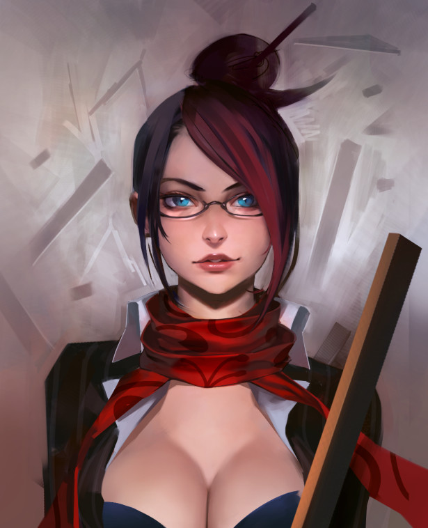 bangs black_hair black_shirt blue_eyes breasts cleavage collared_shirt dress_shirt eyelashes eyeshadow fiora_laurent hair_bun hair_ornament hair_stick headmistress_fiora large_breasts league_of_legends light_smile lipstick long_sleeves looking_at_viewer makeup multicolored_hair open_clothes open_shirt parted_lips pink_lips pink_lipstick red_hair red_scarf scarf shirt short_hair since solo streaked_hair swept_bangs two-tone_hair upper_body