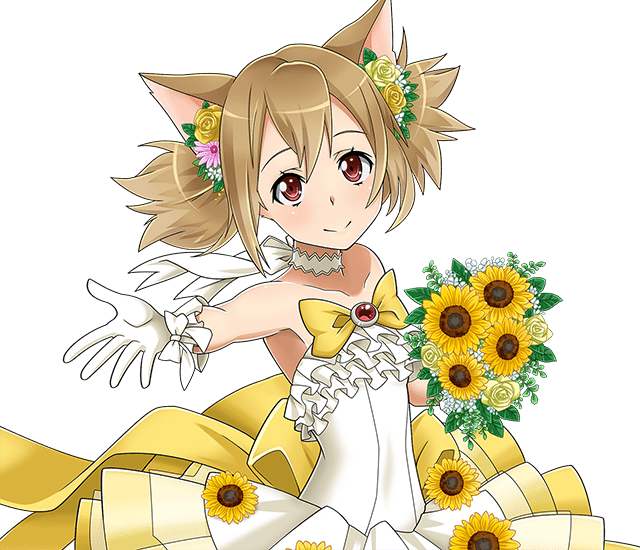 animal_ears bouquet bow brown_hair cat_ears choker collarbone dress flat_chest flower gloves hair_bow hair_flower hair_ornament holding holding_bouquet long_hair looking_at_viewer official_art outstretched_arm pink_flower red_eyes ribbon ribbon_choker short_twintails silica silica_(sao-alo) sleeveless sleeveless_dress smile solo standing strapless strapless_dress sunflower sword_art_online sword_art_online:_code_register transparent_background twintails white_dress white_gloves white_ribbon yellow_flower