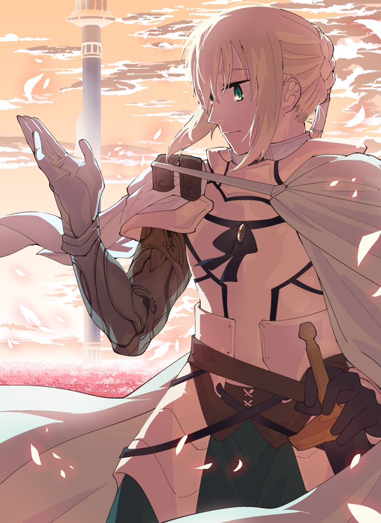 armor bedivere blonde_hair braid cape cloud fate/grand_order fate_(series) field green_eyes hand_on_hilt long_hair looking_to_the_side male_focus outdoors ponytail sky sunset tower tsuru_(clainman) weapon white_cape