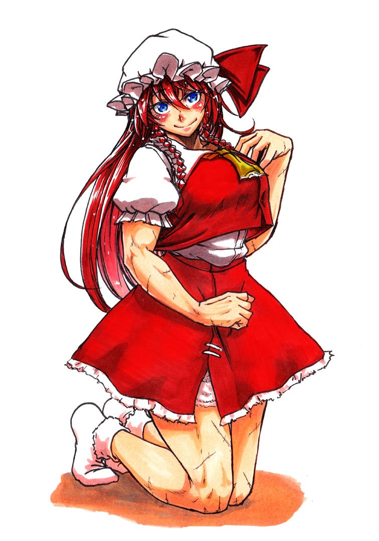 ascot bangs blue_eyes blush bobby_socks braid breasts commentary_request cosplay flandre_scarlet flandre_scarlet_(cosplay) frilled_skirt frills full_body hair_between_eyes hand_up hat hat_ribbon hong_meiling kneeling koyubi_(littlefinger1988) large_breasts legs long_hair looking_at_viewer mob_cap muscle muscular_female no_shoes outline puffy_short_sleeves puffy_sleeves red_hair red_skirt red_vest ribbon scar shiny shiny_hair shirt short_sleeves simple_background skirt skirt_set smile socks solo thighs touhou twin_braids very_long_hair vest white_background white_legwear white_shirt