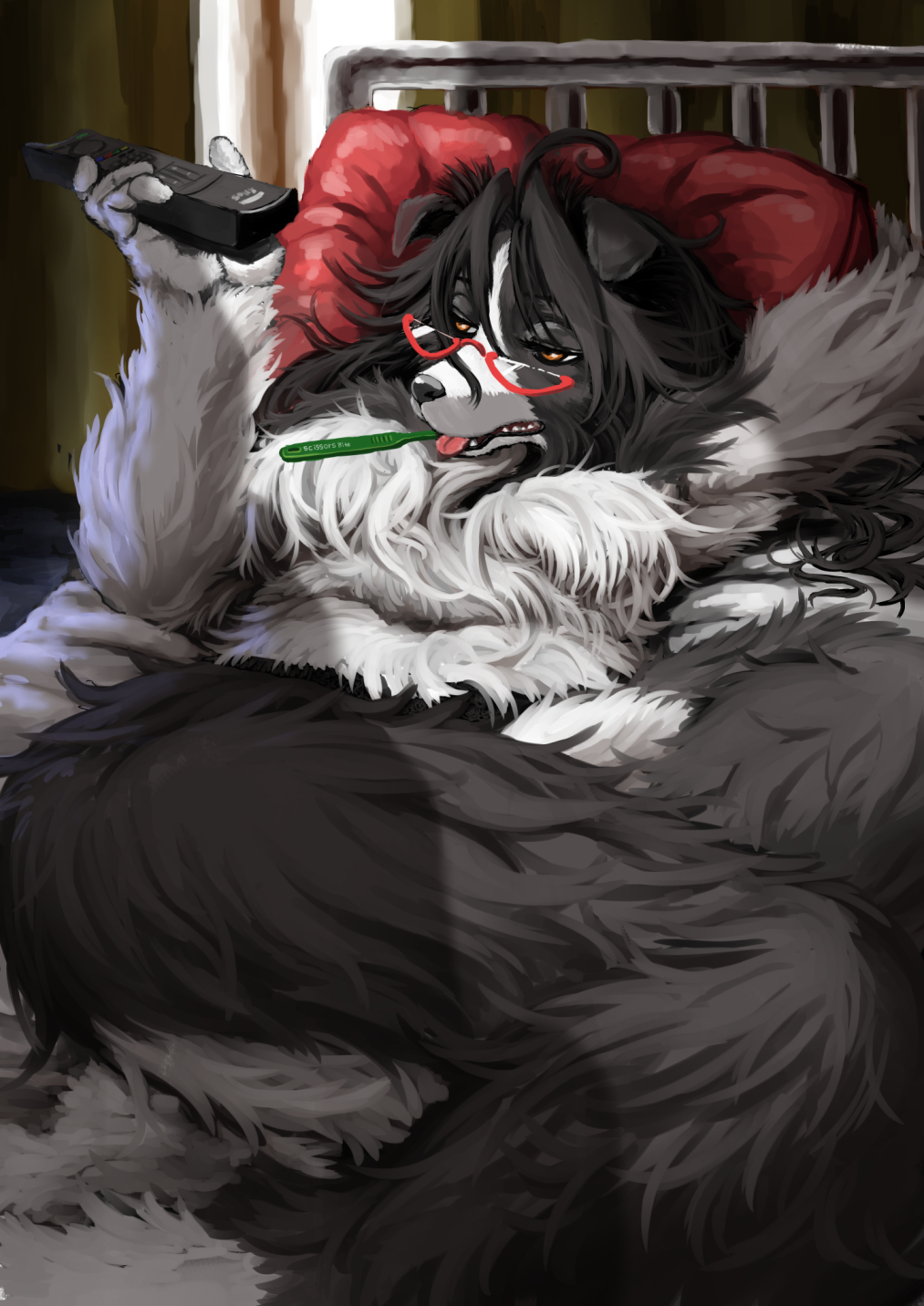 anthro bedding black_fur black_hair black_nose black_tail border_collie breasts canine collie controller detailed_background digital_media_(artwork) dipstick_tail dog eyebrows eyelashes eyewear featureless_breasts female floppy_ears fluffy fluffy_tail fur glasses hair hair_intakes half-closed_eyes holding_object inside kemono long_hair looking_aside looking_away lying mammal medium_breasts mouth_hold multicolored_fur multicolored_tail navel nogi nude on_side orange_eyes pillow remote_control sharp_teeth solo tail_between_legs teeth tongue tongue_out two_tone_fur two_tone_tail white_fur white_tail