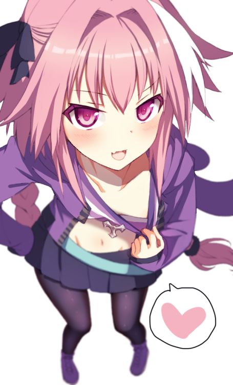 astolfo_(fate) bad_id bad_pixiv_id black_legwear blurry blush braid commentary_request depth_of_field fang fate/apocrypha fate_(series) from_above hair_ribbon hand_on_hip heart long_hair looking_at_viewer looking_up male_focus nachisuke navel open_mouth otoko_no_ko pantyhose pink_hair purple_eyes ribbon shirt_tug simple_background single_braid smile solo spoken_heart white_background