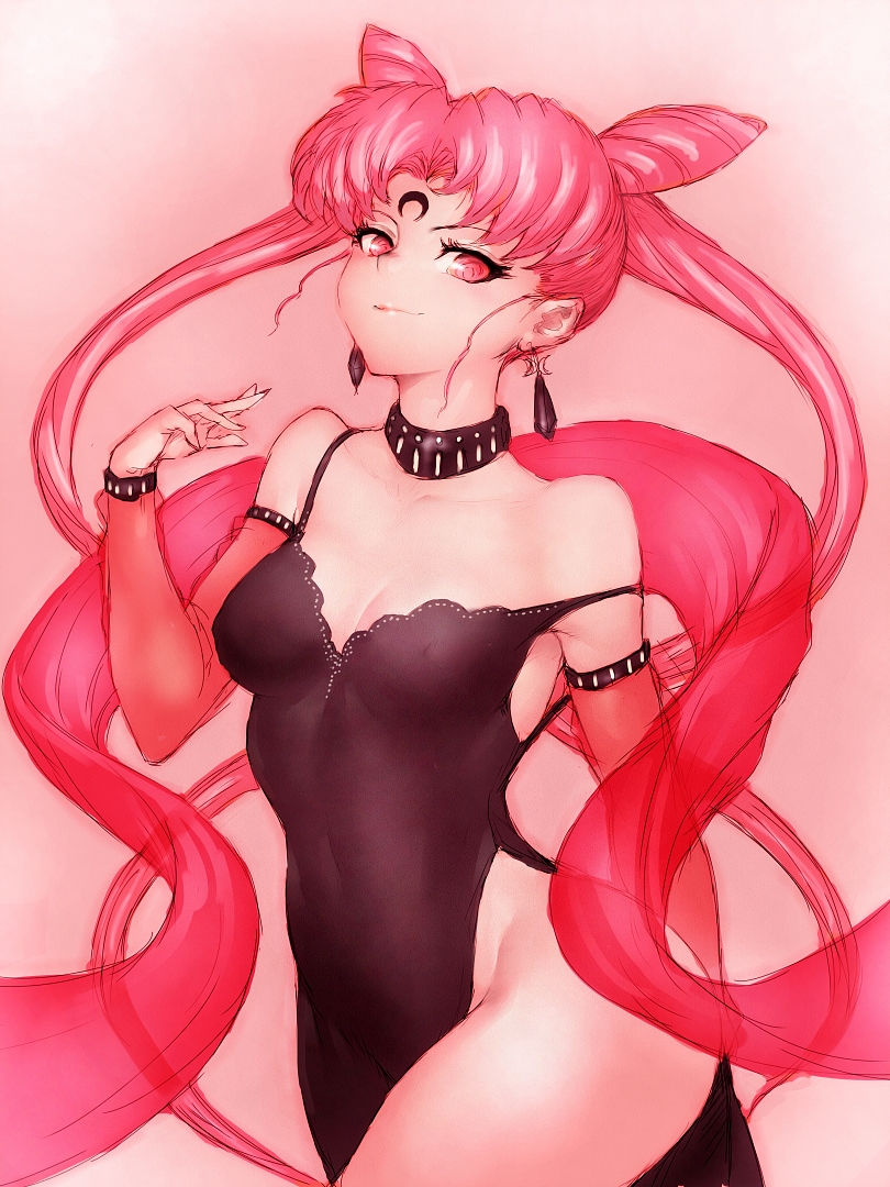 bare_shoulders bishoujo_senshi_sailor_moon black_dress black_lady breasts chibi_usa cleavage collar collarbone double_bun dress earrings fumio_(rsqkr) jewelry long_hair looking_at_viewer pink_background pink_eyes pink_hair small_breasts solo strap_slip thighs very_long_hair wide_hips