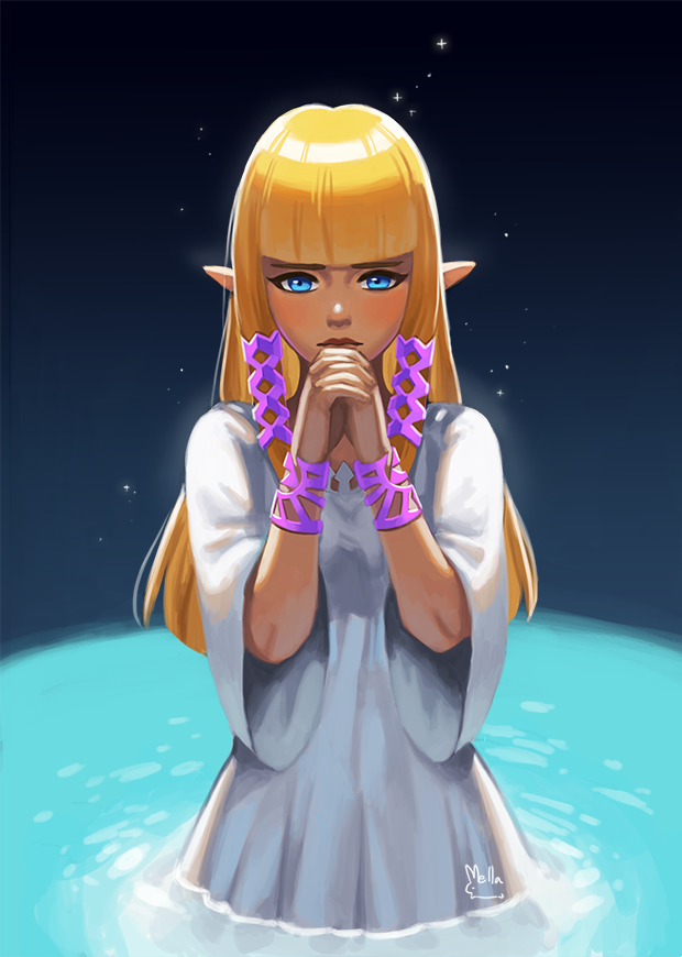 bangs blonde_hair blue_eyes blunt_bangs commentary dress eyebrows hair_ribbon hands_clasped hime_cut lips long_hair mella nose own_hands_together pointy_ears praying princess_zelda ribbon solo the_legend_of_zelda the_legend_of_zelda:_skyward_sword wading water white_dress