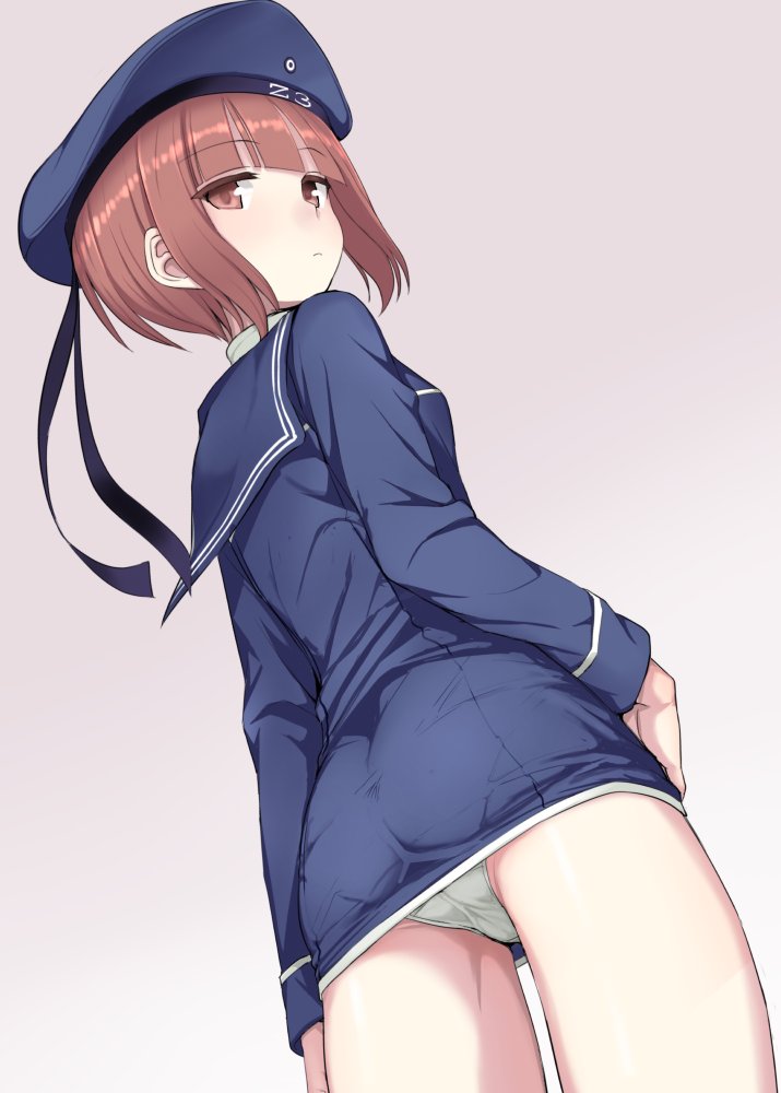 bangs blunt_bangs breasts brown_eyes brown_hair closed_mouth cowboy_shot dress dutch_angle expressionless eyebrows_visible_through_hair from_behind from_below gradient gradient_background half-closed_eyes hat kantai_collection kumadano looking_back panties pantylines pantyshot pantyshot_(standing) short_dress short_hair simple_background small_breasts solo standing thighs turtleneck underwear upskirt white_panties z3_max_schultz_(kantai_collection)