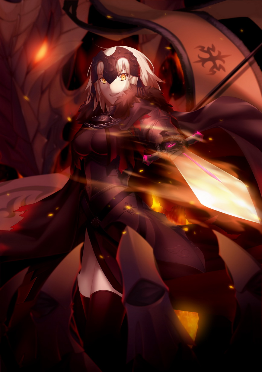 :d armor armored_dress banner black_armor black_cape black_dress black_legwear blurry blurry_background breasts cape capelet chain commentary_request dragon dress eyebrows_visible_through_hair fate/grand_order fate_(series) fire foreshortening from_below from_side fur-trimmed_cape fur_trim gauntlets glowing glowing_eyes glowing_sword glowing_weapon headpiece highres holding holding_sword holding_weapon jeanne_d'arc_(alter)_(fate) jeanne_d'arc_(fate)_(all) langlang long_dress looking_at_viewer looking_down looking_to_the_side medium_breasts open_mouth orange_eyes outdoors outstretched_arm pale_skin plackart platinum_blonde_hair pointing pointing_at_viewer pointing_weapon short_hair smile sparks standing sword thighhighs torn_capelet torn_clothes v-shaped_eyebrows weapon yellow_eyes