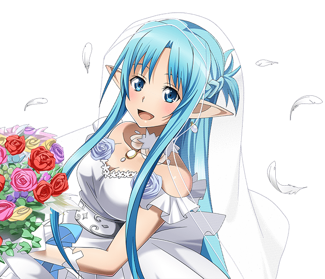 :d asuna_(sao) asuna_(sao-alo) blue_eyes blue_hair bouquet breasts bridal_veil choker cleavage dress dutch_angle earrings flower grey_flower holding holding_bouquet jewelry long_hair looking_at_viewer medium_breasts official_art open_mouth pink_flower pointy_ears purple_flower red_flower sleeveless sleeveless_dress smile solo sword_art_online sword_art_online:_code_register transparent_background upper_body veil very_long_hair wedding_dress white_dress white_feathers yellow_flower
