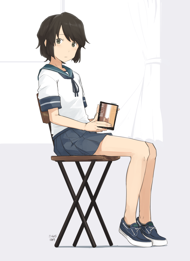 artist_name book brown_hair cat chair curtains dated from_side full_body green_eyes holding holding_book indoors kantai_collection kawashina_(momen_silicon) looking_at_viewer miyuki_(kantai_collection) pleated_skirt school_uniform serafuku shoes short_hair short_sleeves sitting skirt socks solo the_door_into_summer window