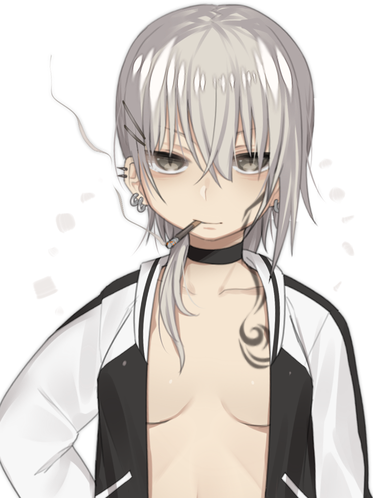 1girl bags_under_eyes breasts choker cigarette collarbone earrings facial_tattoo female hairclip mofuaki open_clothes open_shirt original silver_hair smoking solo tattoo upper_body white_background