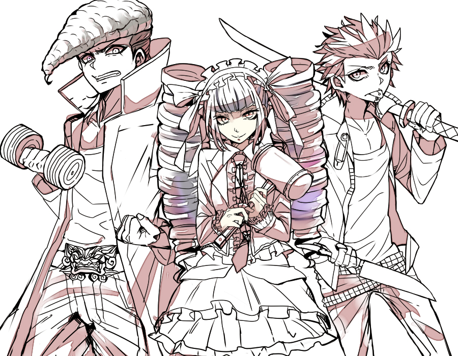 2boys belt bonnet bousouzoku celestia_ludenberck clenched_teeth cowboy_shot danganronpa danganronpa_1 drill_hair dumbbell eyelashes facial_hair goatee gothic_lolita hammer jacket kitchen_knife kuwata_reon lolita_fashion long_hair looking_at_viewer mallet multiple_boys necktie oowada_mondo pectorals piercing pompadour sidelocks simple_background smile sword teeth tongue tongue_out tongue_piercing twin_drills twintails weapon white_background yyy246