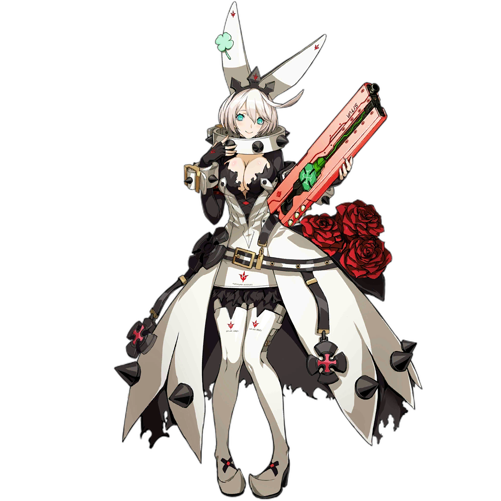 1girl ahoge aqua_eyes arc_system_works blush boots bouquet breasts bunny_ears cleavage clover dress elphelt_valentine fingerless_gloves four-leaf_clover girls_frontline gloves guilty_gear guilty_gear_xrd guilty_gear_xrd:_revelator gun infukun large_breasts looking_at_viewer official_art short_hair shotgun smile solo spiked_collar spikes thigh_boots weapon white_hair