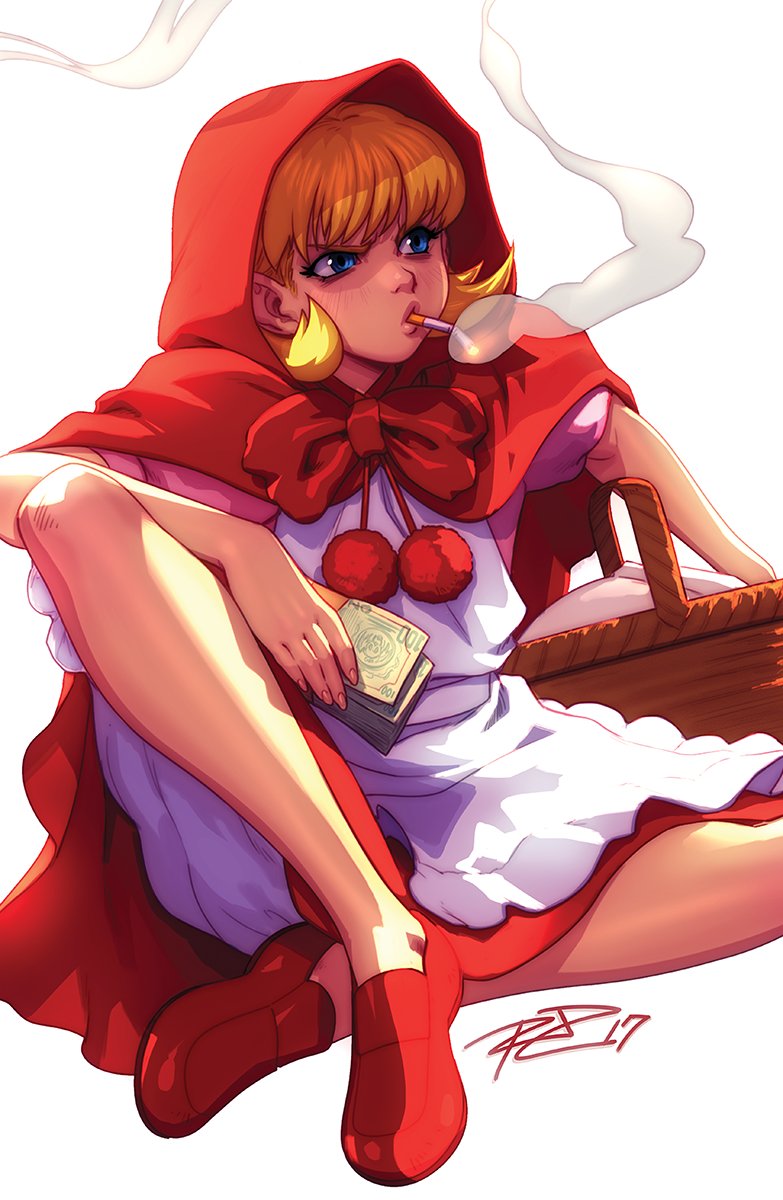 apron basket blonde_hair blue_eyes bulleta capelet cigarette commentary dress full_body highres loafers money red_capelet red_dress red_footwear red_hood robert_porter shoes short_hair signature sitting smoking solo vampire_(game)