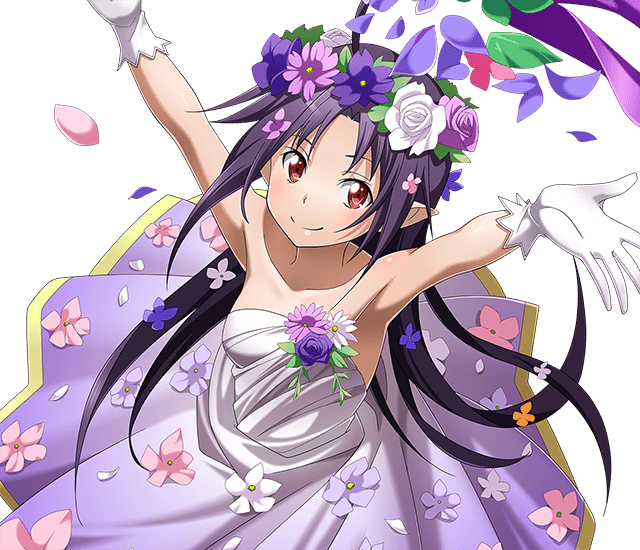 armpits arms_up black_hair breasts collarbone dress floating_hair flower gloves hair_flower hair_ornament head_wreath long_hair looking_at_viewer official_art pointy_ears purple_flower red_eyes sleeveless sleeveless_dress small_breasts smile solo strapless strapless_dress sword_art_online sword_art_online:_code_register transparent_background very_long_hair white_flower white_gloves yuuki_(sao)