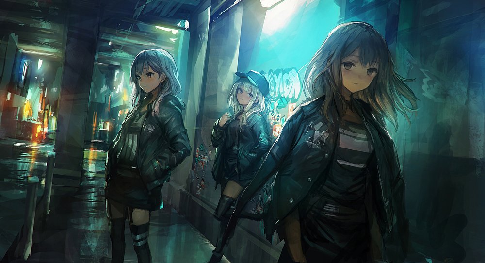 against_wall alley brown_eyes brown_hair dutch_angle graffiti grey_eyes hand_in_pocket hands_in_pockets hat jacket_on_shoulders leg_up lm7_(op-center) long_hair looking_away multiple_girls night original outdoors silver_hair thighhighs wet_ground zettai_ryouiki