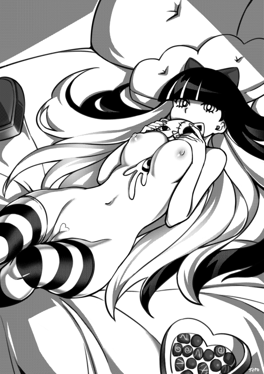 artist_name bangs bed between_breasts blunt_bangs bow breasts chocolate greyscale hair_bow highres holding honekoneko_(psg) indoors large_breasts long_hair looking_at_viewer lying monochrome multicolored_hair navel nipples nude on_back on_bed panty_&amp;_stocking_with_garterbelt pussy revision solo stocking_(psg) striped striped_legwear stuffed_animal stuffed_cat stuffed_toy thighhighs two-tone_hair typo_(requiemdusk) very_long_hair