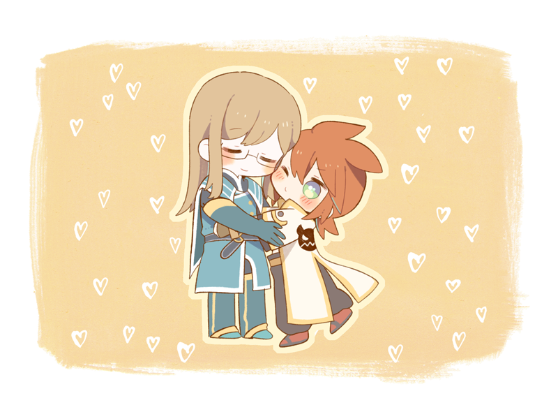 2boys aqua_eyes belt blush boots brown_hair chibi coat eyes_closed glasses gloves heart hug jade_curtiss long_hair luke_fon_fabre one_eye_closed pants red_hair shoes short_hair smile tales_of_(series) tales_of_the_abyss