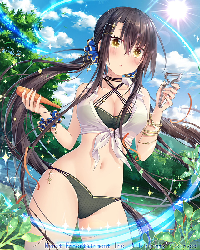 black_hair blush breasts cleavage day eyebrows_visible_through_hair falkyrie_no_monshou front-tie_top hair_ornament hairclip large_breasts light_rays long_hair looking_at_viewer natsumekinoko navel outdoors parted_lips shirt solo sparkle sun sunbeam sunlight tied_shirt twintails very_long_hair x_hair_ornament