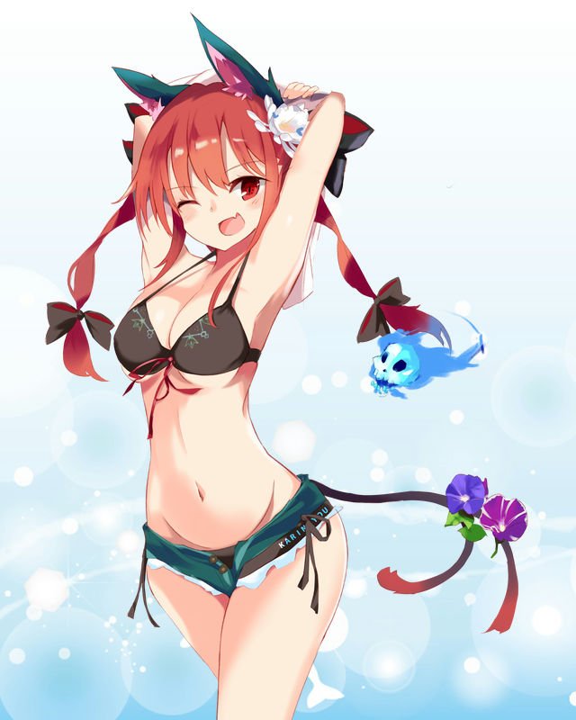 alternate_costume animal_ears armpits arms_behind_head bangs bikini black_bikini blue_fire bow breasts cat_ears cat_tail denim denim_shorts fang fire floating_skull groin hair_between_eyes hair_bow hips kaenbyou_rin looking_at_viewer medium_breasts multiple_tails navel one_eye_closed red_eyes red_hair ribbon shiny shiny_hair short_shorts shorts sideboob simple_background slit_pupils solo swimsuit tail tetsurou_(fe+) thighs touhou twintails two_tails underboob white_background