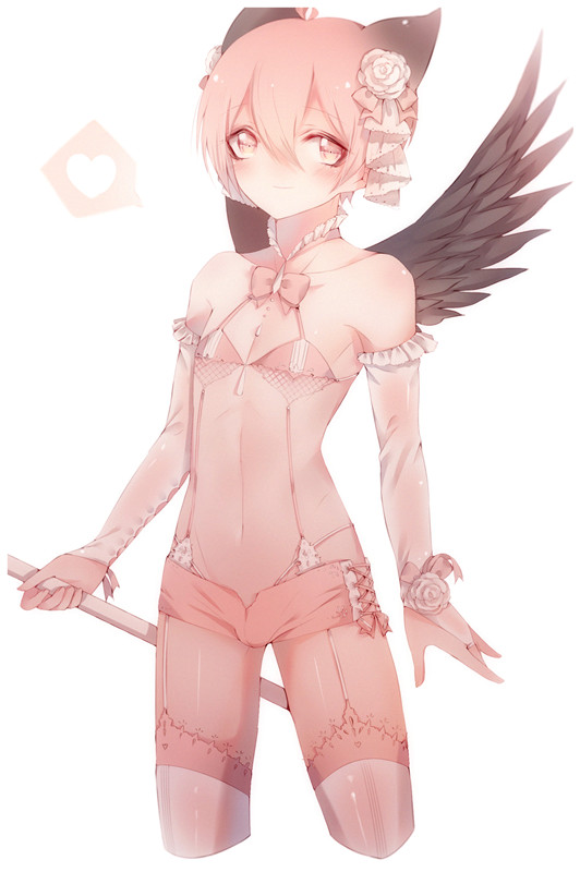 animal_ears bananaxcs7 bare_shoulders bra bridal_gauntlets bulge cowboy_shot flat_chest flower frills garter_straps hair_flower hair_ornament looking_to_the_side md5_mismatch original pink_eyes pink_hair shorts simple_background staff suspenders tareme thighhighs underwear white_background wings