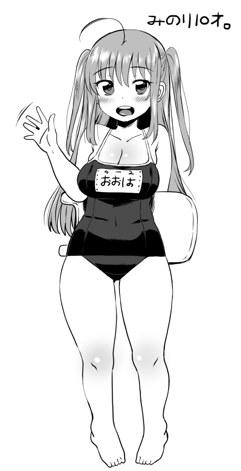 ahoge bare_shoulders barefoot competition_school_swimsuit greyscale huge_ahoge komusou_(jinrikisha) looking_at_viewer monochrome name_tag one-piece_swimsuit ooba_minori original round_teeth simple_background smile solo swimsuit teeth thighs translated twintails waving white_background younger