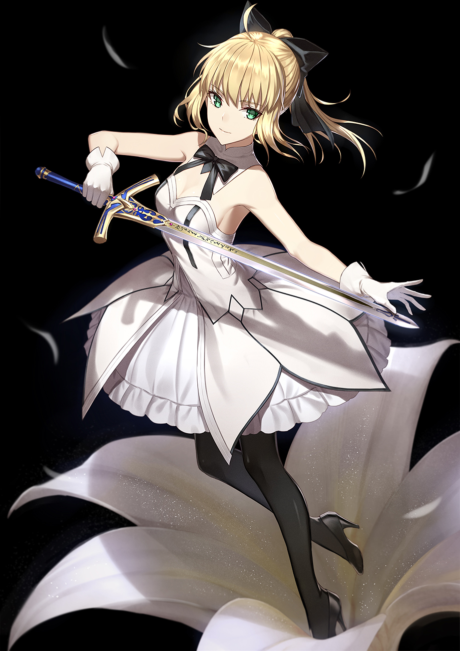artoria_pendragon_(all) bare_shoulders black_background black_bow blonde_hair bow contest_winner detached_collar famepeera fate/grand_order fate_(series) flower gloves green_eyes hair_bow high_heels highres lily_(flower) long_hair looking_to_the_side pantyhose petals pixiv_fate/grand_order_contest_1 ponytail saber_lily simple_background solo sword weapon