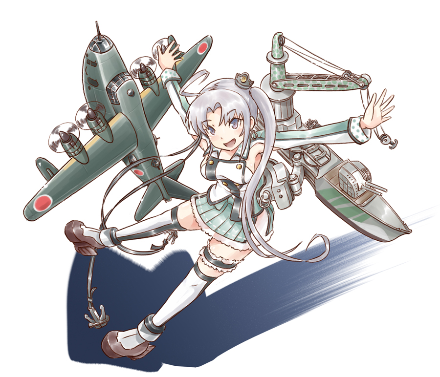 ahoge aircraft airplane akitsushima_(kantai_collection) anchor armpits flying_boat green_skirt hair_ribbon kantai_collection karasu_(naoshow357) long_hair machinery miniskirt nishikitaitei-chan open_mouth outstretched_arms pleated_skirt purple_eyes purple_hair ribbon shadow side_ponytail sidelocks skirt spread_arms thighhighs white_legwear