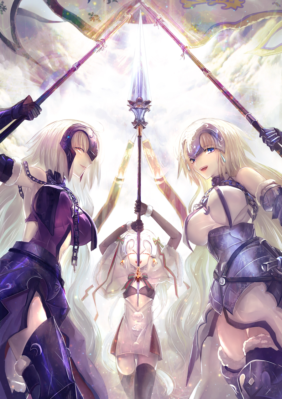 armor armored_dress ayamatazu banner bell black_gloves black_legwear blonde_hair blue_eyes breasts capelet chain cloud commentary_request elbow_gloves fate/grand_order fate_(series) flat_chest gauntlets gloves hair_ribbon headpiece highres holding holding_weapon jeanne_d'arc_(alter)_(fate) jeanne_d'arc_(fate) jeanne_d'arc_(fate)_(all) jeanne_d'arc_alter_santa_lily lance large_breasts long_hair looking_at_viewer multiple_girls open_mouth polearm ribbon smile standard_bearer thighhighs very_long_hair weapon yellow_eyes