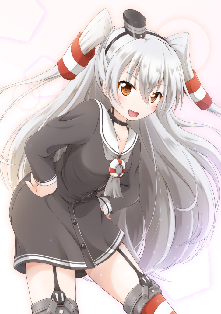 :d amatsukaze_(kantai_collection) brown_eyes choker collarbone commentary_request dress fang garter_straps gu-rahamu_omega_x hair_tubes hairband hands_on_hips kantai_collection leaning_forward long_hair looking_at_viewer open_mouth sailor_dress school_uniform serafuku silver_hair smile solo two_side_up