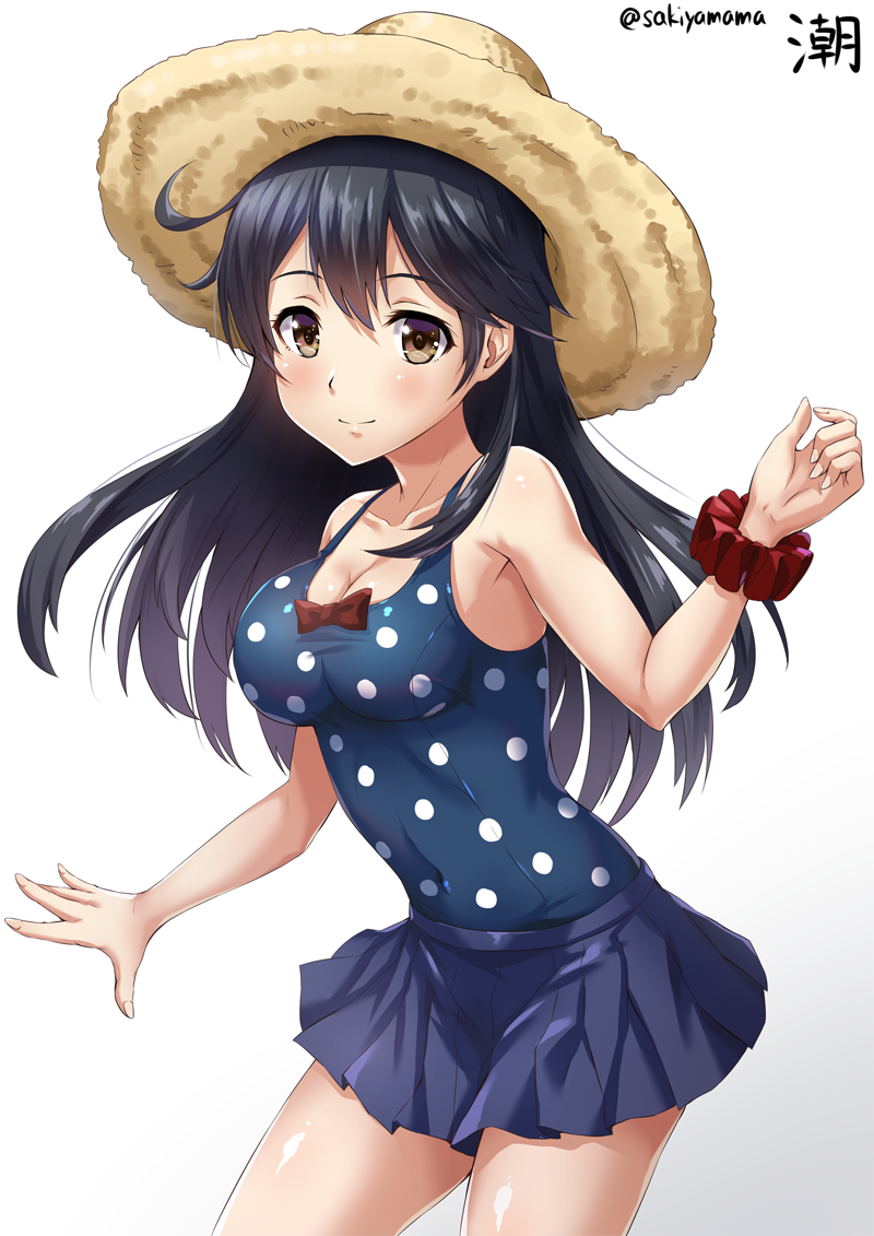 ahoge alternate_costume armpits artist_name bare_arms bare_shoulders black_hair blue_skirt blue_swimsuit blush bow breasts brown_eyes brown_hat character_name cleavage closed_mouth collarbone commentary_request contrapposto covered_navel cowboy_shot hair_between_eyes hat kantai_collection long_hair looking_at_viewer medium_breasts one-piece_swimsuit pleated_skirt polka_dot polka_dot_swimsuit red_bow sakiyamama scrunchie shiny shiny_skin simple_background skirt smile solo standing straw_hat swimsuit tareme twitter_username ushio_(kantai_collection) white_background wrist_scrunchie