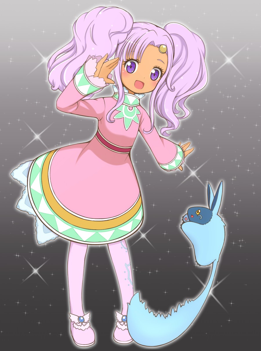 1girl blush dark_skin dress long_hair meredy open_mouth pantyhose pink_eyes purple_eyes quickie shoes tales_of_(series) tales_of_eternia twintails