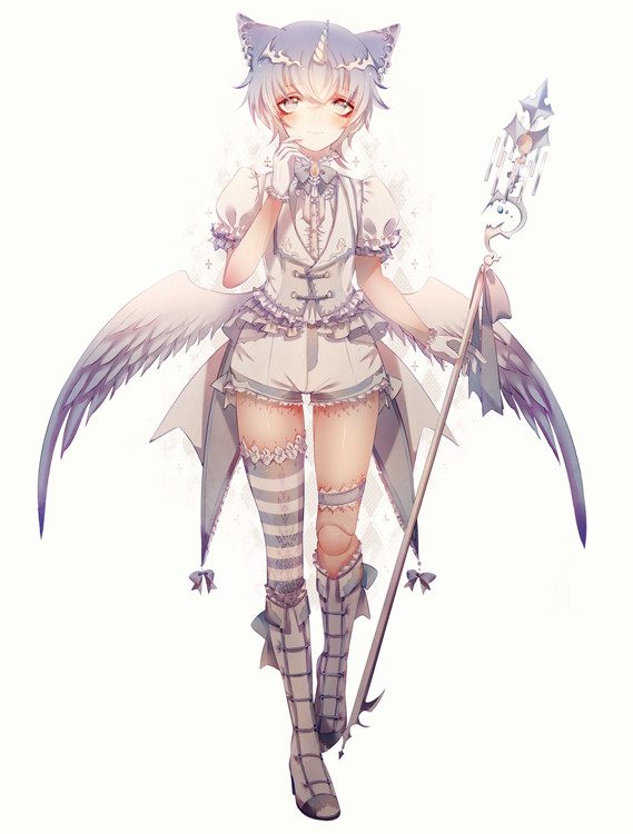 animal_ears asymmetrical_clothes bananaxcs7 blue_hair boots doll_joints frills full_body garters gloves horn md5_mismatch original puffy_sleeves simple_background single_thighhigh staff thighhighs white_background wings