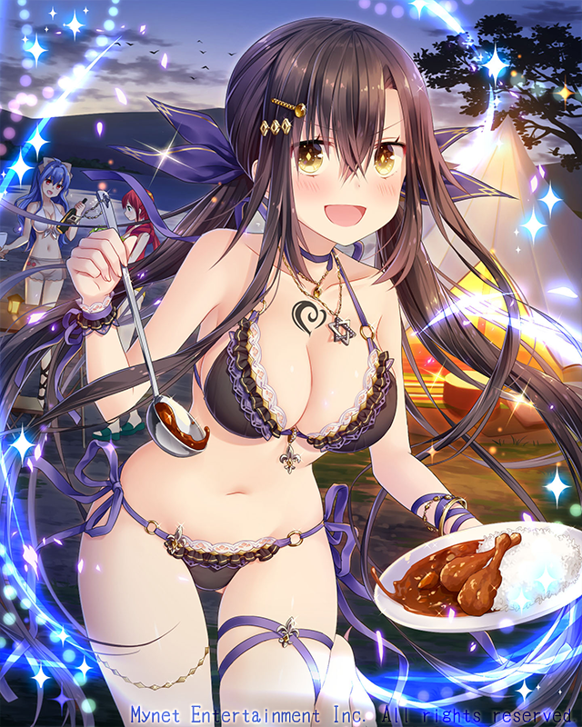 black_hair blue_hair blue_ribbon blush breasts cleavage eyebrows_visible_through_hair falkyrie_no_monshou hair_ornament hair_ribbon hairclip hexagram holding holding_plate jewelry ladle large_breasts long_hair looking_at_viewer multiple_girls natsumekinoko navel necklace open_mouth plate red_hair ribbon smile star_of_david twintails yellow_eyes