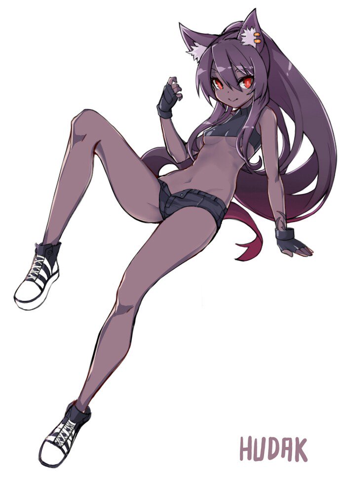 animal_ears arm_support artist_name bare_legs black_gloves breasts bright_pupils closed_mouth crop_top dark_skin earrings fingerless_gloves full_body gloves hair_between_eyes hudak jewelry leaning_back long_hair looking_at_viewer midriff navel open_fly original ponytail purple_hair red_eyes shoes short_shorts shorts simple_background small_breasts smile sneakers solo unbuttoned_pants underboob very_long_hair white_background
