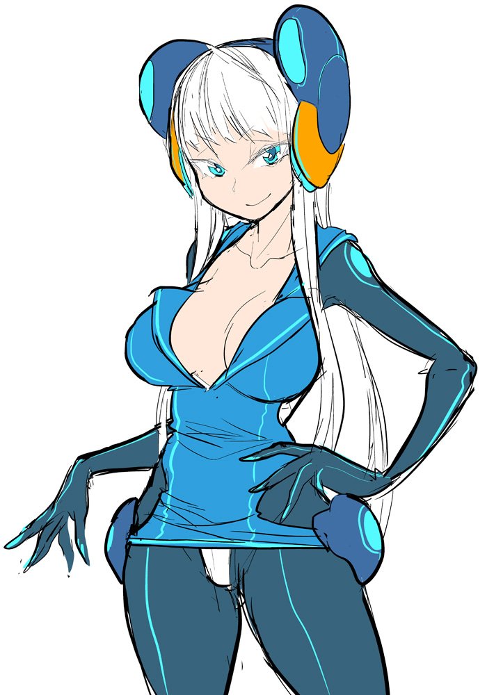blue_eyes bodysuit breasts collarbone commentary_request dress electro_emilia hand_on_hip headgear ken_(koala) large_breasts looking_at_viewer original panties short_dress simple_background skin_tight smile solo underwear white_background white_hair