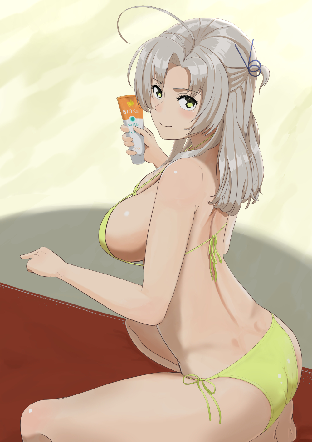 ahoge ass back beach bikini blush breasts commentary_request green_eyes hair_tie highres ichinose_rokujou kantai_collection kinugasa_(kantai_collection) large_breasts long_hair looking_at_viewer shadow sideboob smile solo swimsuit thighs