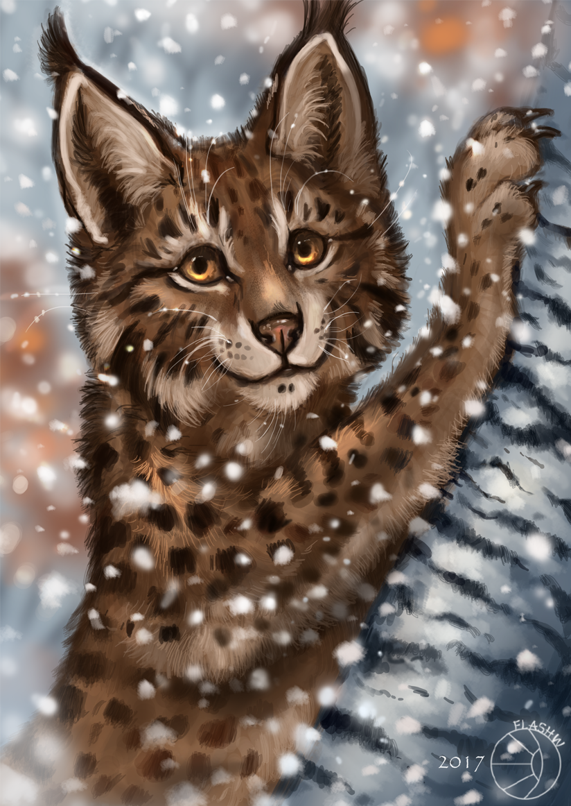 2017 amber_eyes ambiguous_gender brown_fur feline feral flashw fur lynx mammal paws smile snow snowing solo whiskers