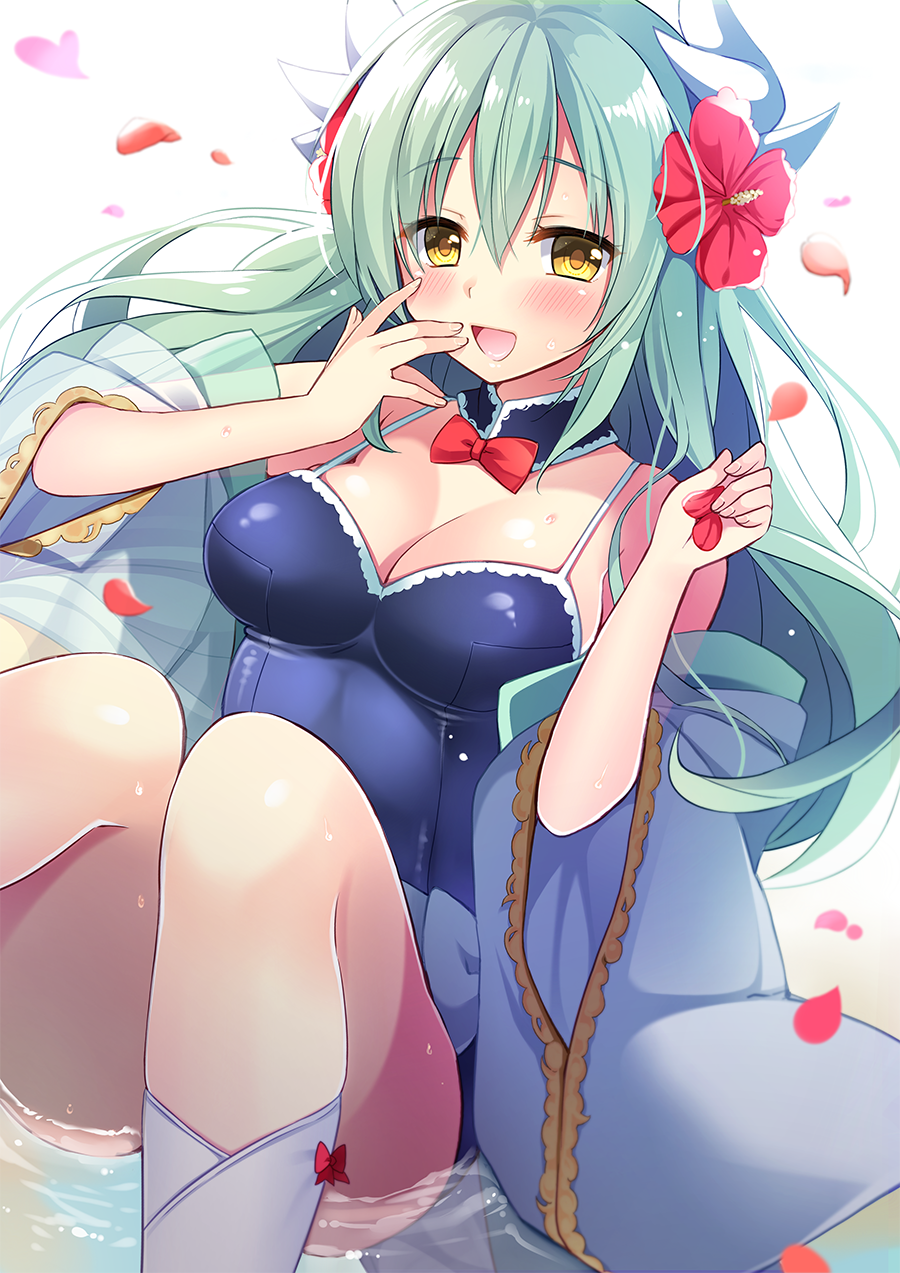 aqua_hair bad_id bad_pixiv_id blush bow breasts dragon_girl dragon_horns eyebrows_visible_through_hair fate/grand_order fate_(series) flower hair_between_eyes hair_flower hair_ornament highres horns ikura_nagisa japanese_clothes kimono kiyohime_(fate/grand_order) kiyohime_(swimsuit_lancer)_(fate) long_hair medium_breasts neck_garter off_shoulder one-piece_swimsuit open_mouth partially_submerged petals red_bow red_flower simple_background solo swimsuit water white_background yellow_eyes