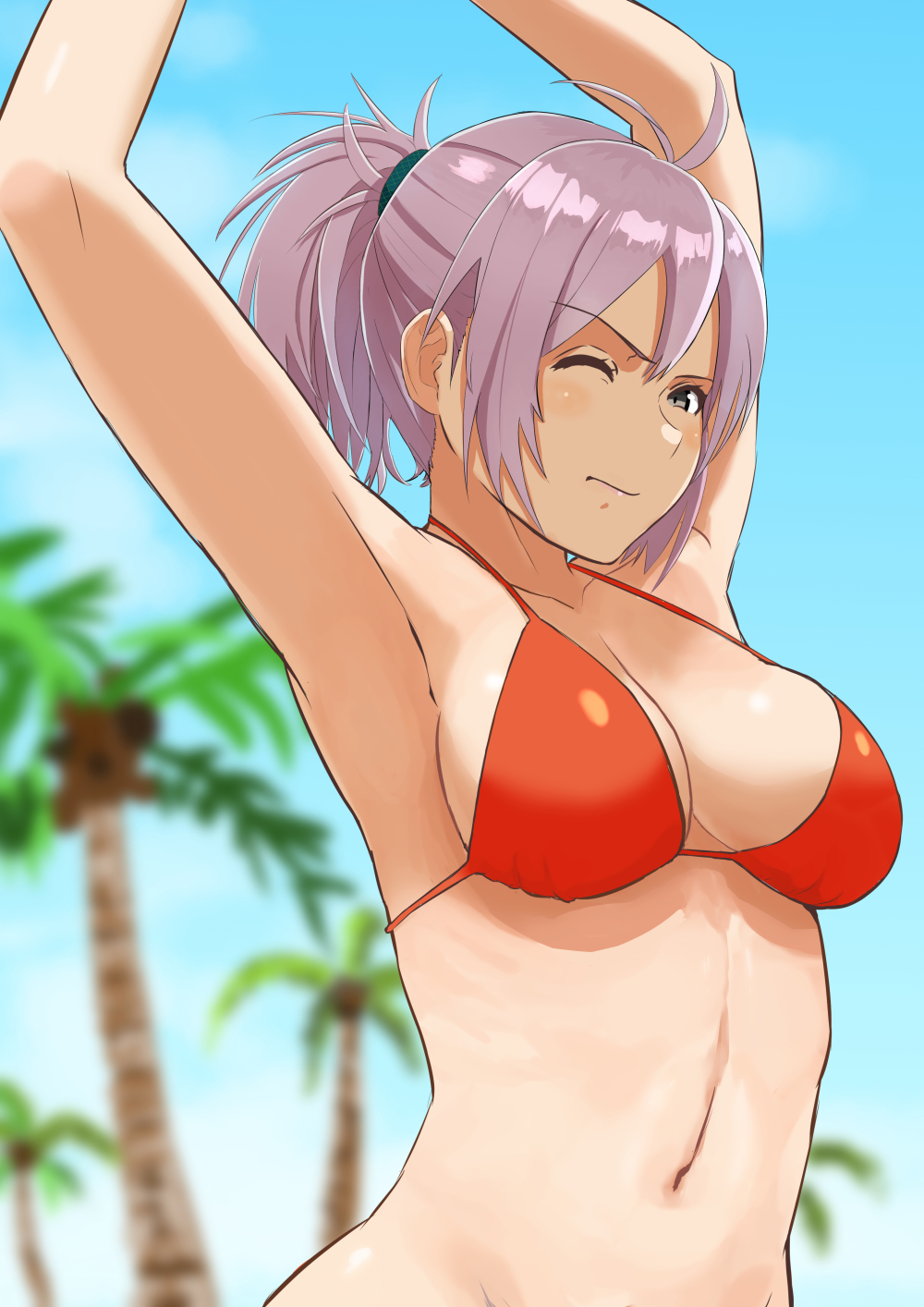 antenna_hair aoba_(kantai_collection) armpits arms_up blush breasts brown_eyes commentary_request day highres ichinose_rokujou kantai_collection looking_at_viewer medium_breasts navel one_eye_closed outdoors palm_tree ponytail purple_hair red_bikini_top solo swimsuit tree