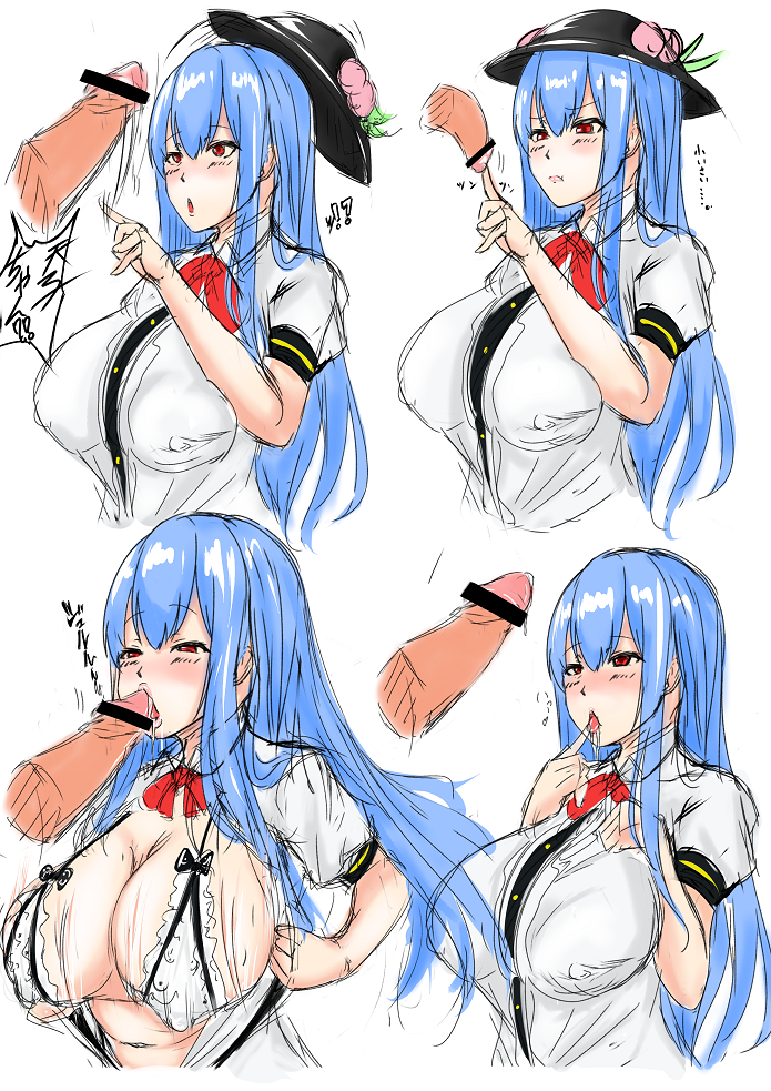 1boy 1girl blue_hair blush breasts censored drooling fellatio ground_zero hat hinanawi_tenshi huge_breasts long_hair precum red_eyes ribbon saliva simple_background solo_focus touhou white_background