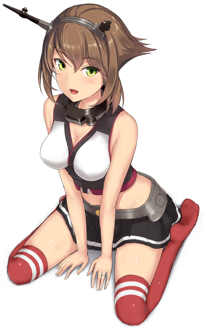 bangs between_legs black_skirt blush breasts brown_hair cleavage eyebrows_visible_through_hair flipped_hair full_body green_eyes hand_between_legs headgear jewelry kantai_collection kneehighs looking_at_viewer medium_breasts metal_belt monoku mutsu_(kantai_collection) navel no_shoes open_mouth pleated_skirt red_legwear ring shadow shiny shiny_hair shoes_removed short_hair simple_background sitting skindentation skirt solo striped striped_skirt wariza wedding_band white_background